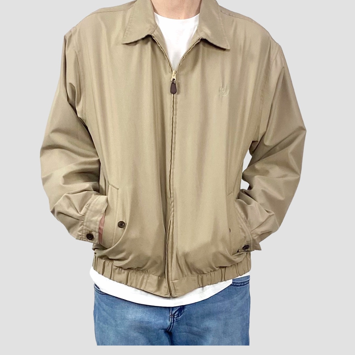 Chaps Beige Tan Bomber Field Golf Full Zip Pointed Collar Jacket Sz Large